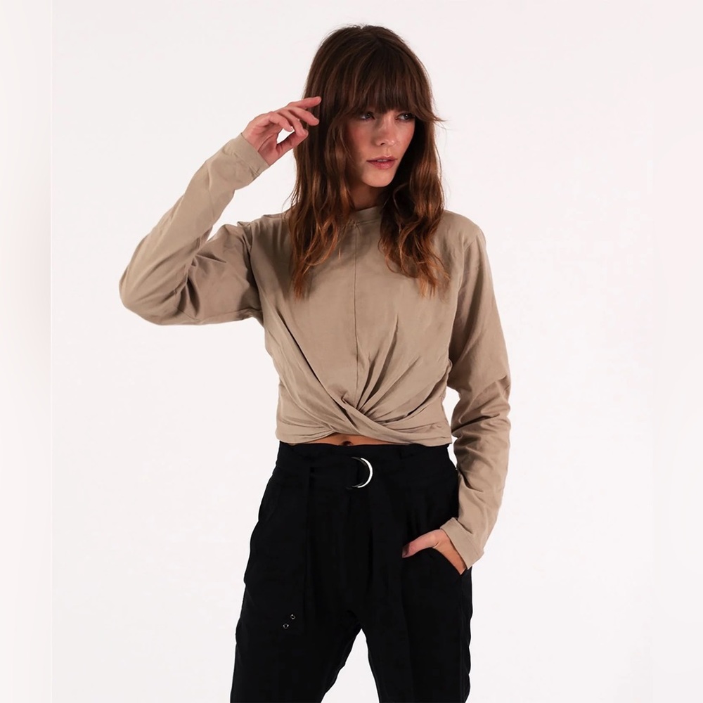 Pam & Gela Long Sleeve Twist Front Tee Stone Medium NWT